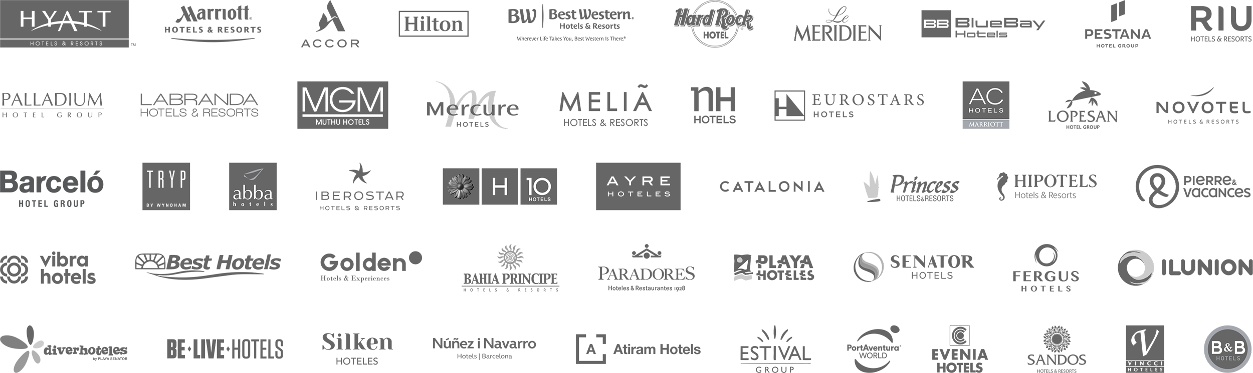 Hoteles, grupos y cadenas hoteleras de todo el mundo. - HYATT, MARRIOTT, ACCOR, HILTON, BEST WESTERN, HARD ROCK, Le MERIDIEN, BlueBay Hoteles, PESTANA, RIU, PALLADIUM, Labranda, Muthiu Hotels, Mercure Hotels, MELIA, NH, Eurostars, AC HOTELS, LOPESAN, NOVOTEL, BARCELO, Tryp, Abba, Iberostar, H10, AYRE HOTELES, CATALONIA, Princess, HIPOTELS, PIERRE VACANCES, Vibra Hotels, Best Hotels, Golden Hotels, Bahía Principe, PARADORES, Playa Hoteles, SENATOR Hotels, FERGUS Hotels, Ilunion, Diverhoteles, Be Live Hotels, SILKEN Hoteles, NN Hotels, Atiram Hotels, Estival Group, PortAventura World, Evenia Hotels, SANDOS, VINCCI, B&B